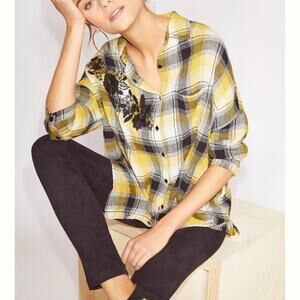 Anthropologie Maeve Embroidered Plaid Flannel Tunic Shirt Oversized XS Yellow XL